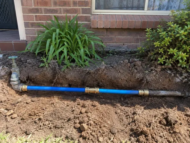 Exposed repaired water pipe in a garden trench beside a brick house in Richmond Vale